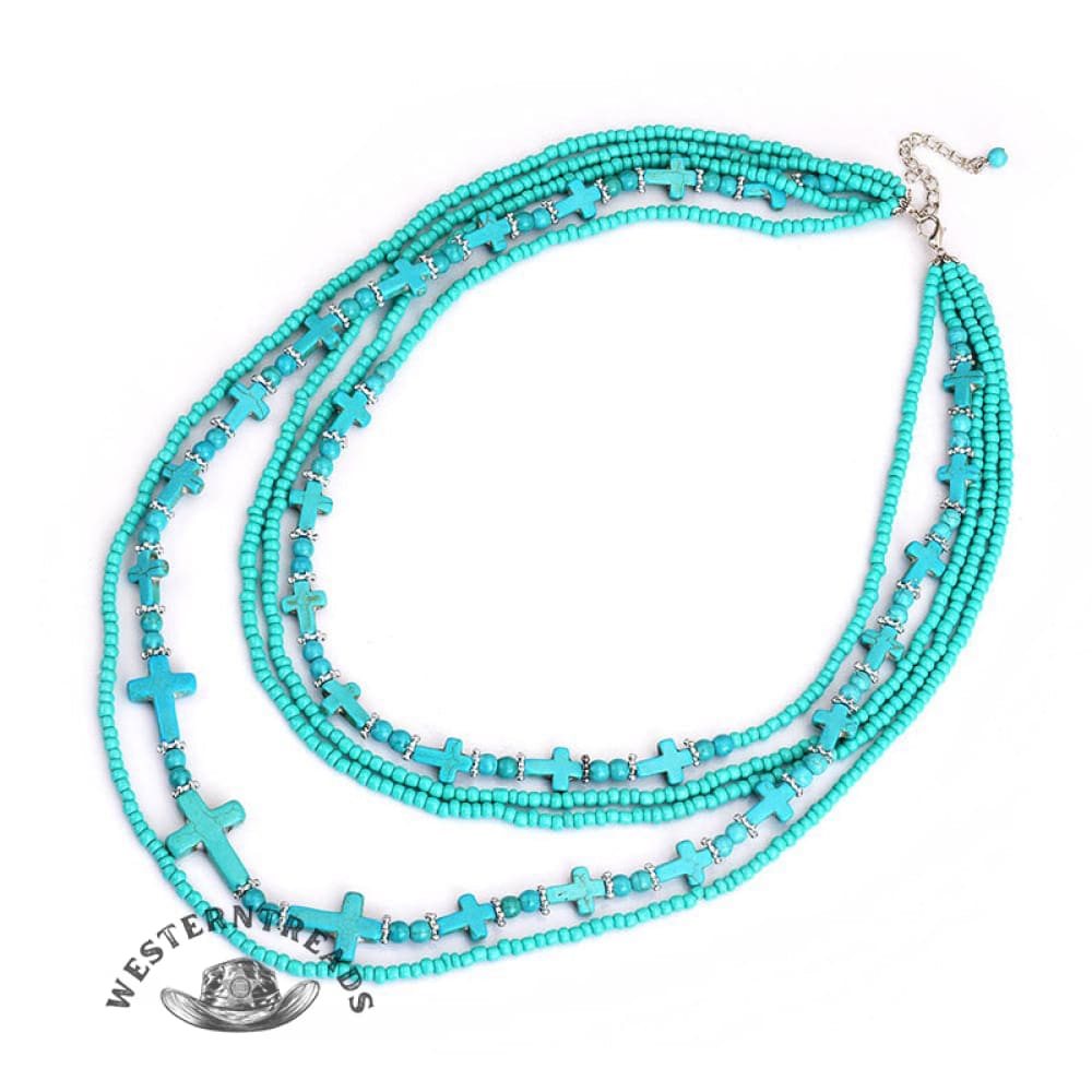 Vintage Turquoise Rice Beaded Multi-layer Cross Necklace - Image 4
