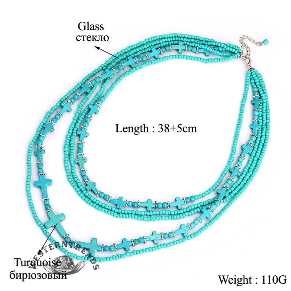 Vintage Turquoise Rice Beaded Multi-layer Cross Necklace - Image 5