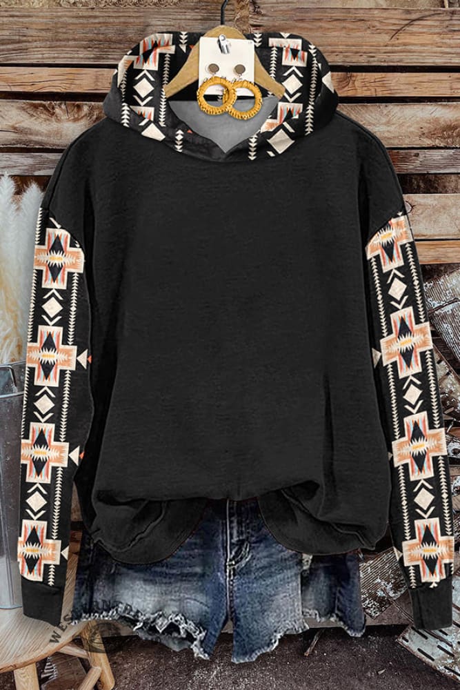 Native Geometric Print Long Sleeve Hoodie Sweatshirt - Image 2