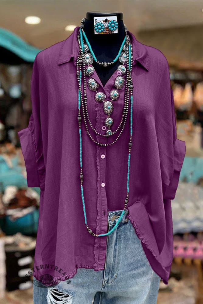 Casual Cotton and Linen Raw Edge Button Shirt - Image 8