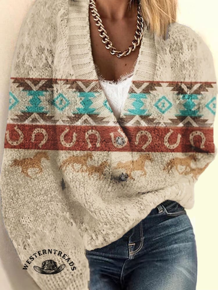 Retro Aztec and Galloping Horses Casual Cotton Sweatshirt - Image 4