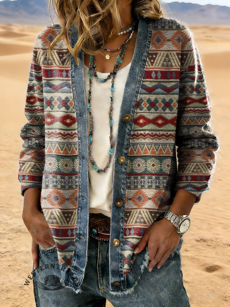 Retro Aztec Art Print Casual Cotton Patchwork Denim Coat