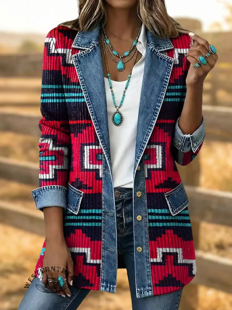 Retro Aztec Print Patchwork Denim Sweater Cardigan Coat