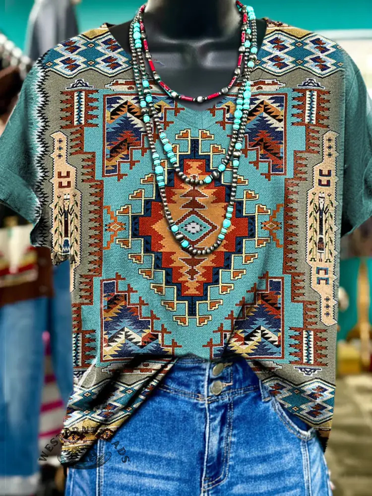 Retro Aztec Visuals V-neck T-shirt