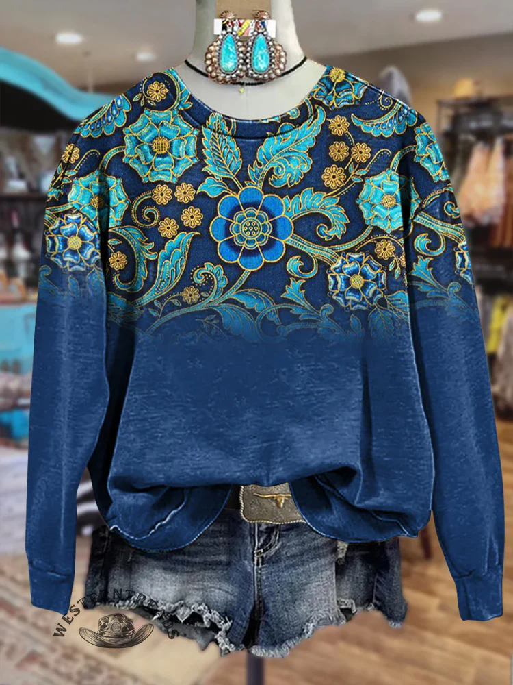 Retro Blue Floral Gradient Pattern Print Casual T-Shirt - Image 3