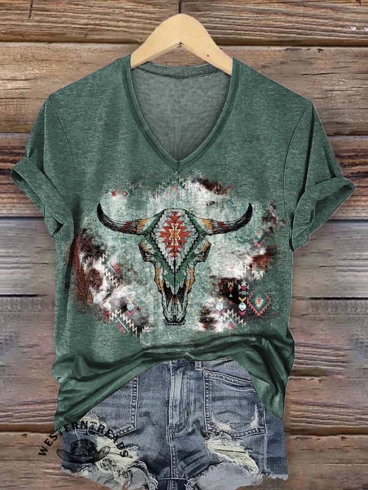 Retro Bull Skull Texture Graphic Print Casual T-shirt - Image 2