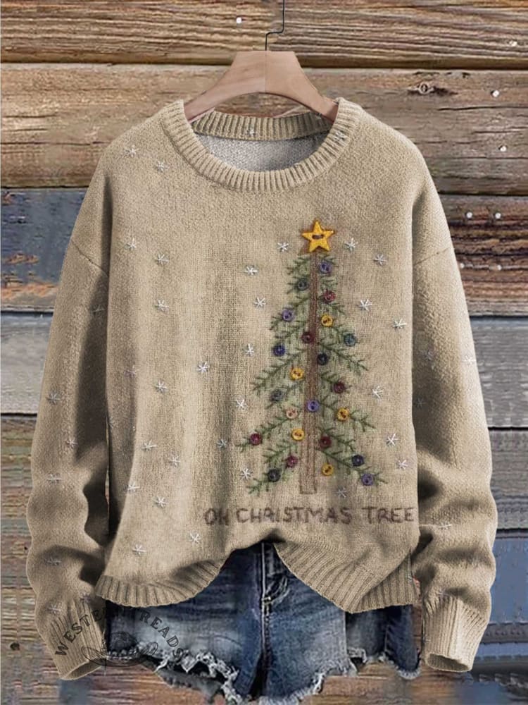 Retro Christmas Tree Print Knit Pullover Sweater