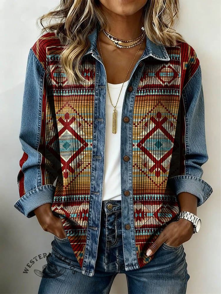 Retro Contrast Print Patchwork Denim Knit Pullover Sweater