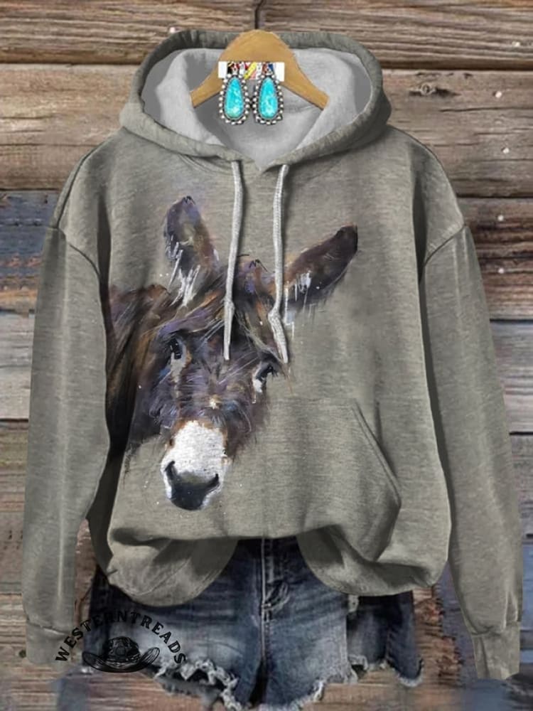 Retro Cute Donkey Art Casual Cotton Sweatshirt - Image 2