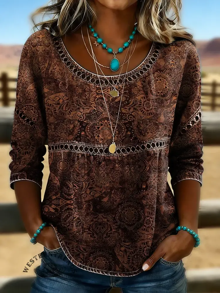Retro Floral Art Print Casual Hollow Denim Shirt