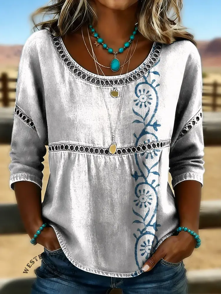 Retro Floral Art Print Casual Hollow Denim Shirt