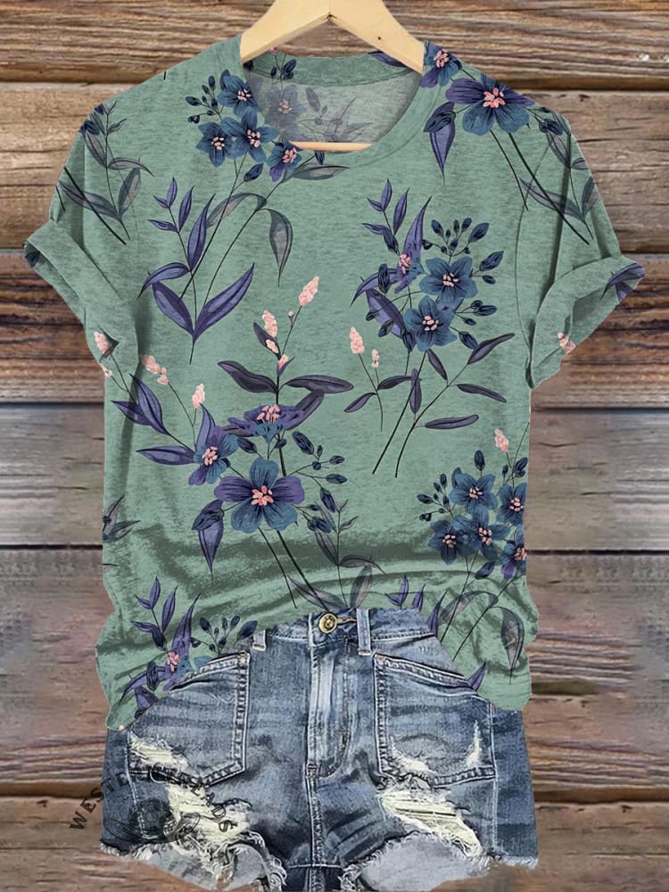 Retro Floral Pattern Print Casual V-neck T-shirt - Image 2