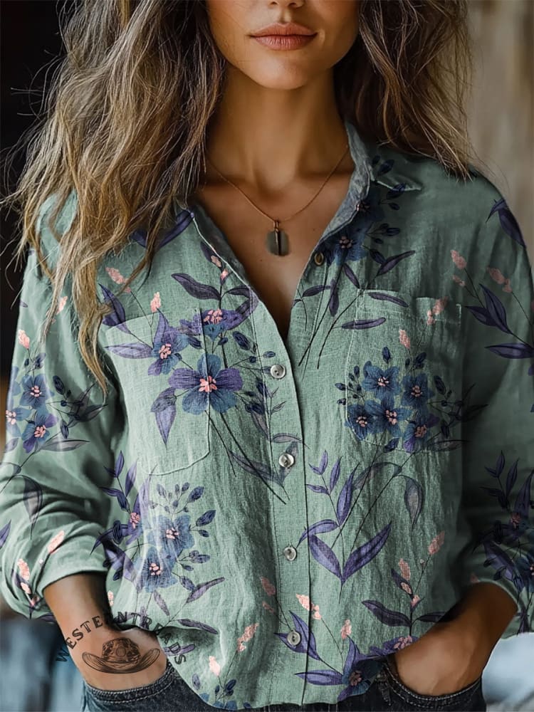 Retro Floral Pattern Print Casual V-neck T-shirt - Image 4