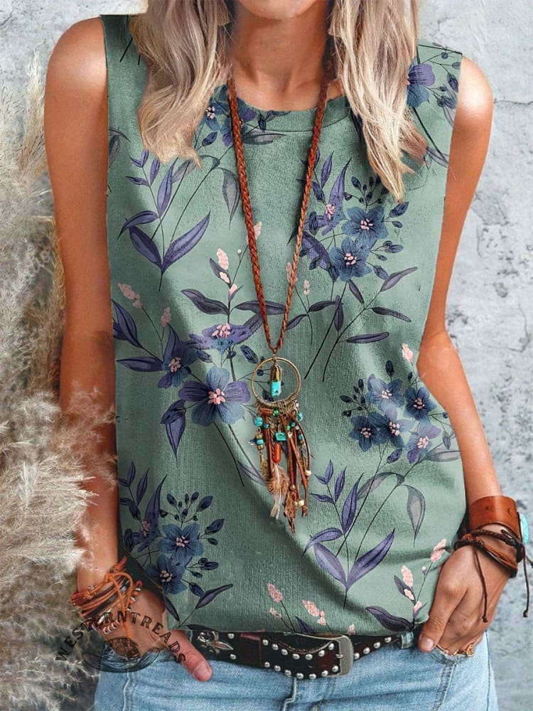 Retro Floral Pattern Print Casual V-neck T-shirt - Image 5