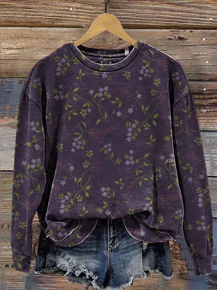 Retro Floral Pattern Printed Casual V-neck T-shirt - Image 2