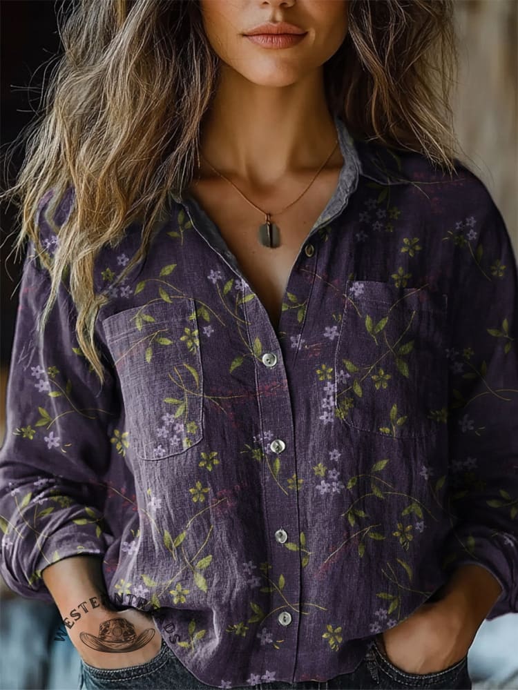 Retro Floral Pattern Printed Casual V-neck T-shirt - Image 3