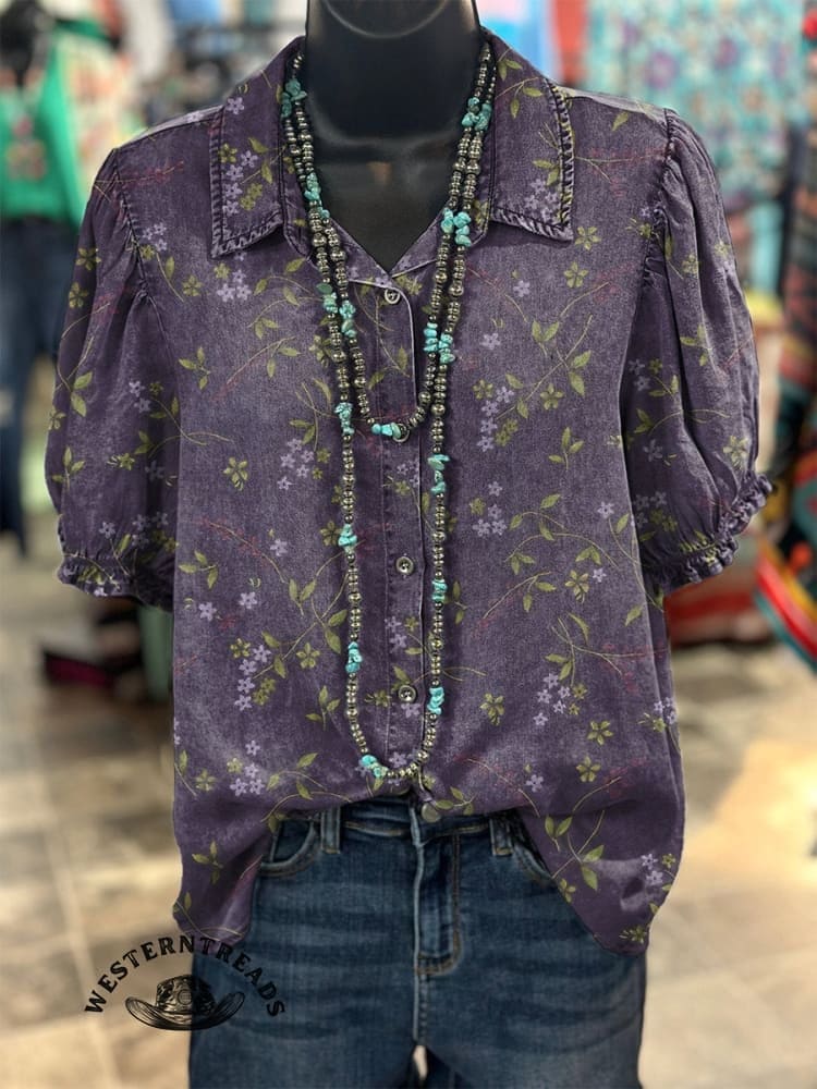 Retro Floral Pattern Printed Casual V-neck T-shirt - Image 8
