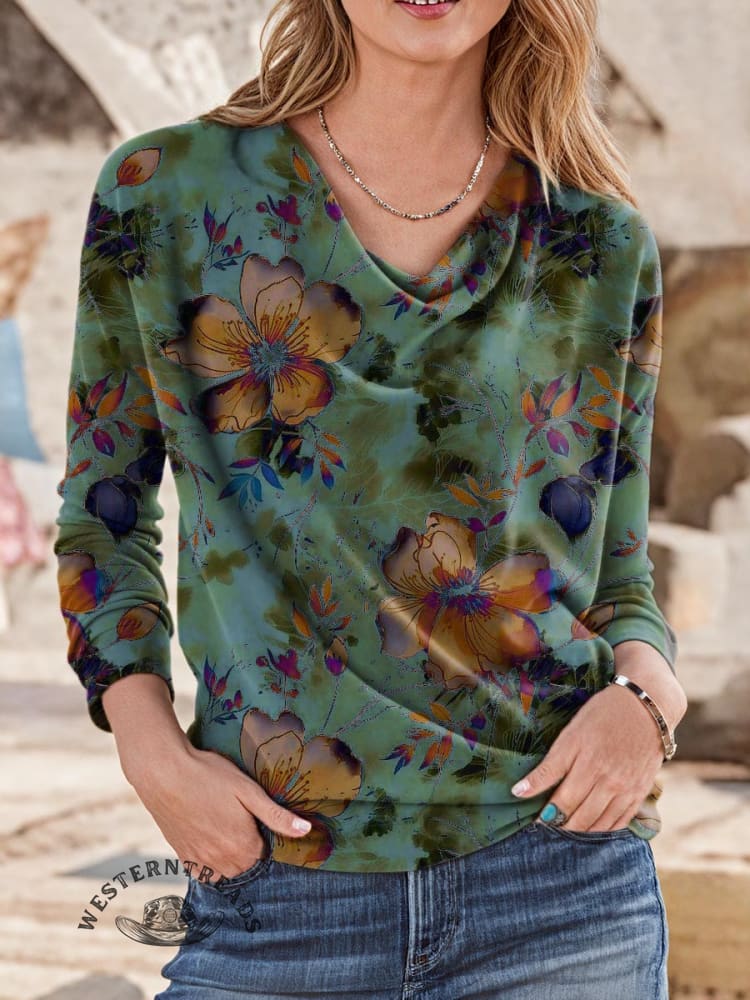 Retro Flower Prints Women's Vintage Art V-neck Casual T-Shirt - Image 5