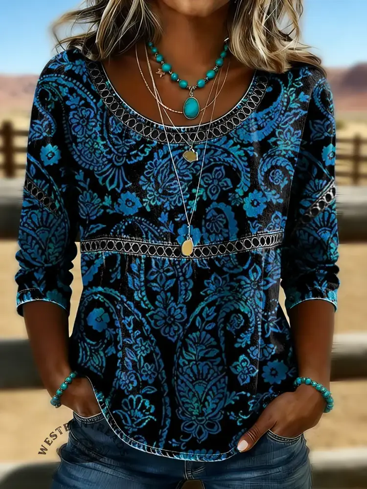 Retro Floral Print Casual Hollow Denim Shirt