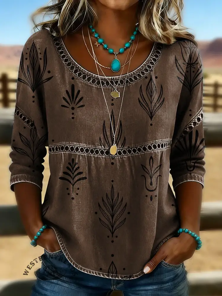 Retro Floral Print Casual Hollow Denim Shirt