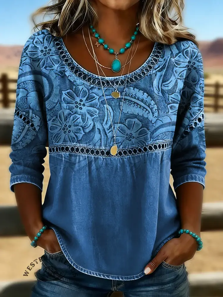 Retro Floral Print Casual Hollow Denim Shirt - Image 2