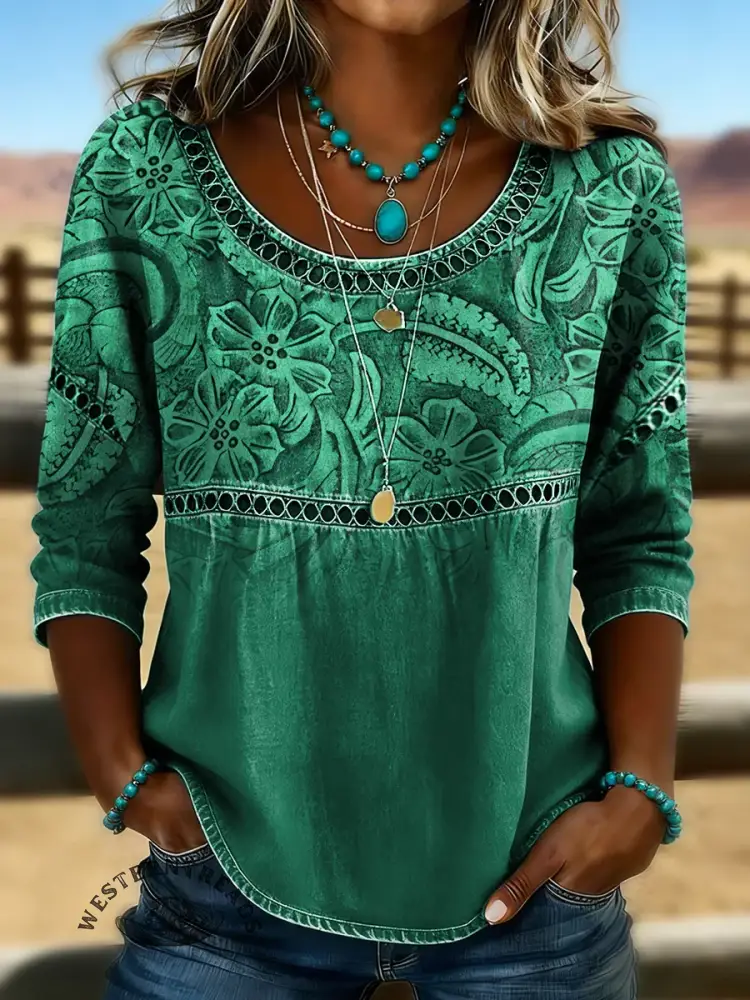 Retro Floral Print Casual Hollow Denim Shirt - Image 3