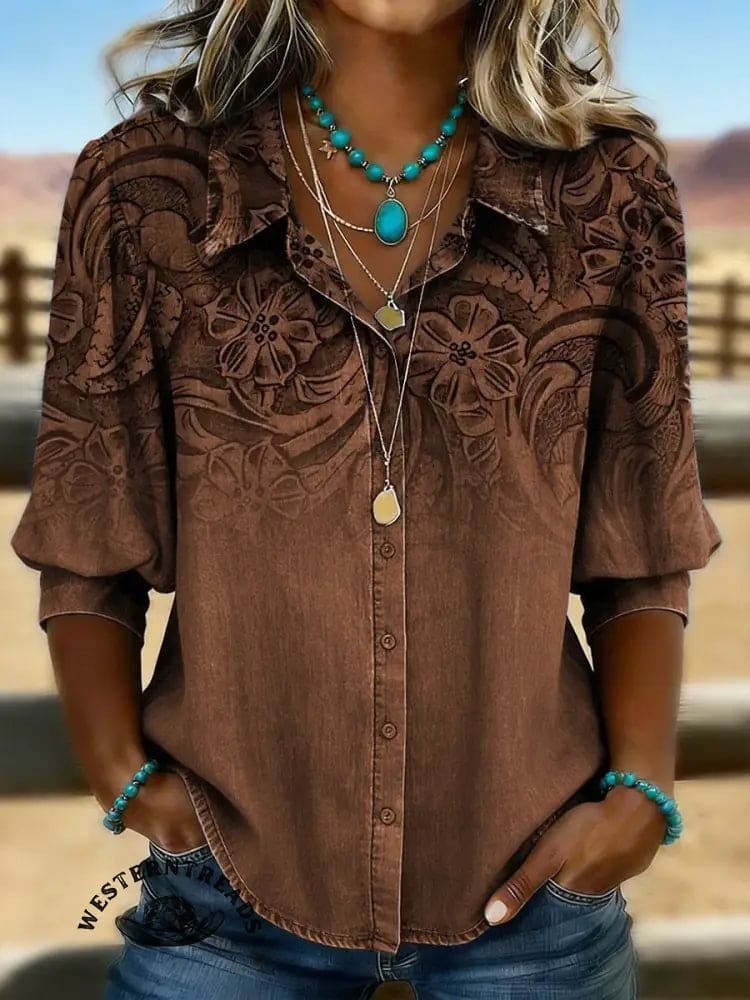 Retro Floral Print Casual Hollow Denim Shirt - Image 6