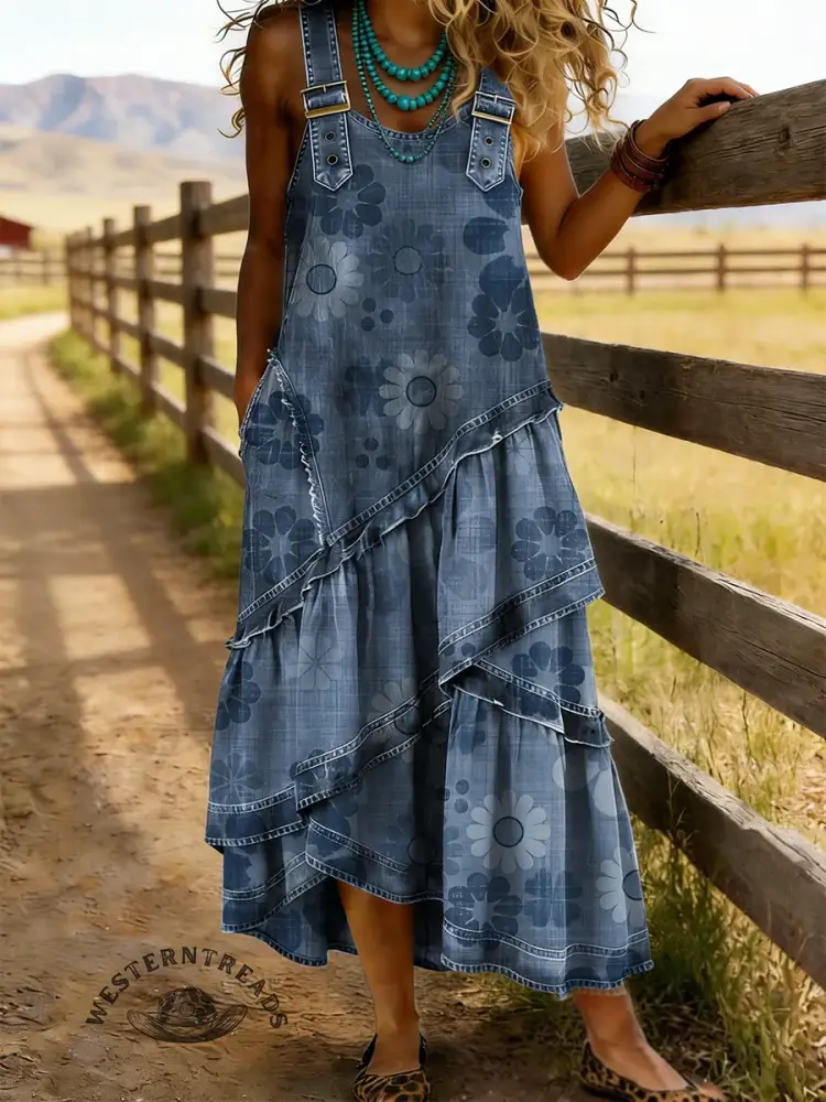 Retro Floral Print Sleeveless Multi-layered Ruffled Strap Dress