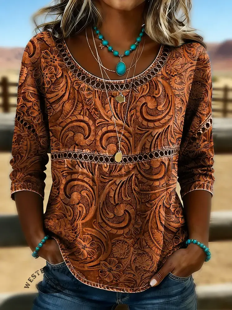 Retro Floral Texture Art Print Casual Hollow Denim Shirt