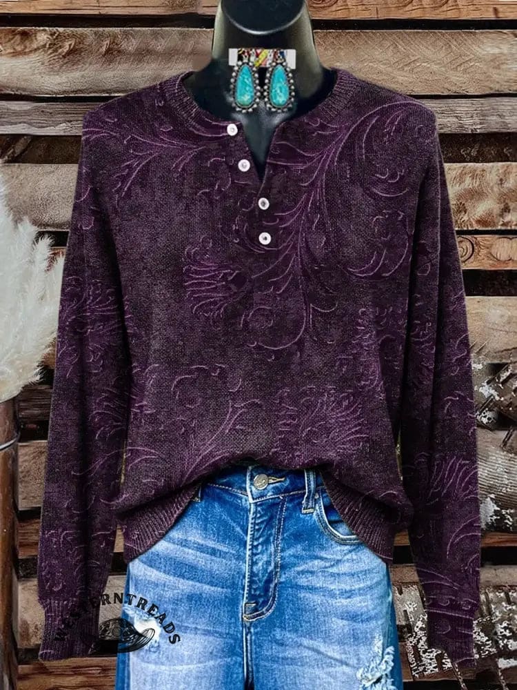 Retro Floral Texture Print Buttoned Cardigan Sweater - Image 2