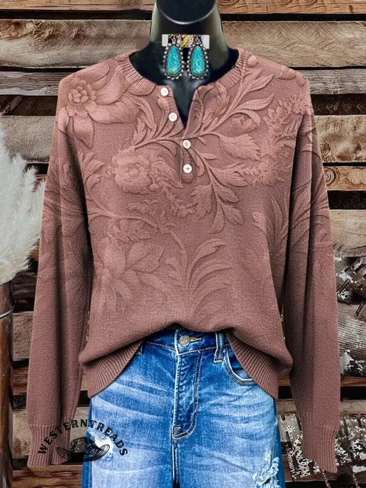 Retro Floral Texture Print Buttoned Cardigan Sweater - Image 2