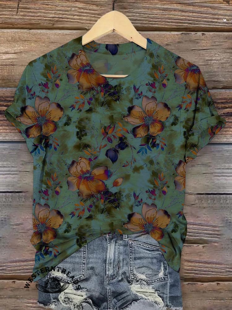 Retro Flower Prints Women's Vintage Art V-neck Casual T-Shirt - Image 3