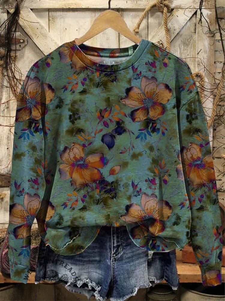 Retro Flower Prints Women's Vintage Art V-neck Casual T-Shirt - Image 4