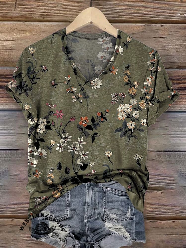 Retro Green Classic Floral Printed Casual T-shirt - Image 2