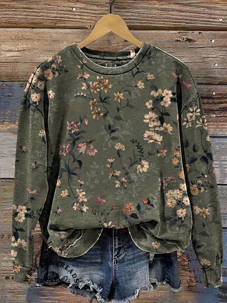 Retro Green Classic Floral Printed Casual T-shirt - Image 3