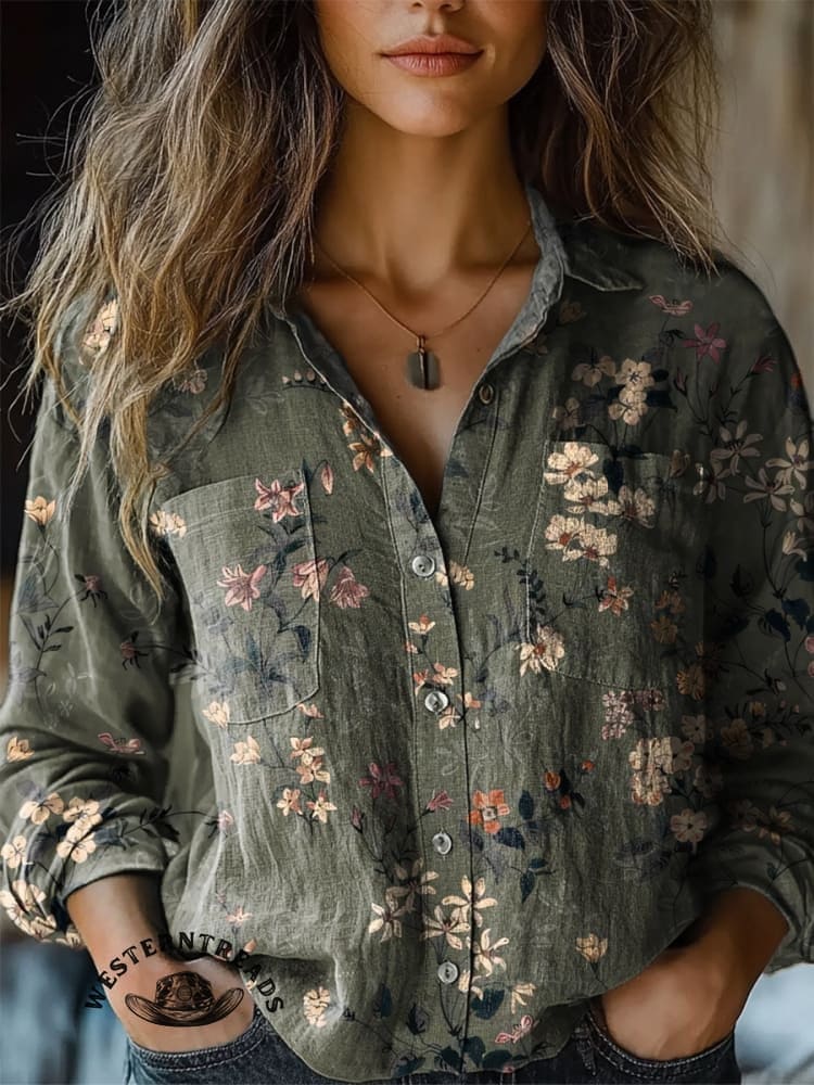 Retro Green Classic Floral Printed Casual T-shirt - Image 4