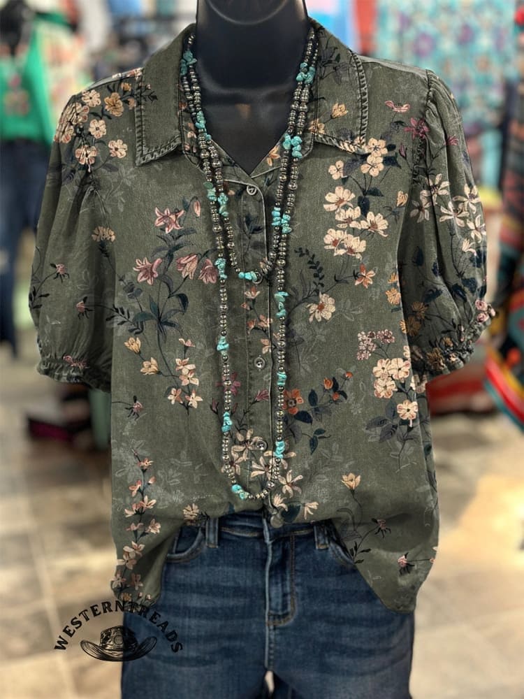 Retro Green Classic Floral Printed Casual T-shirt - Image 5