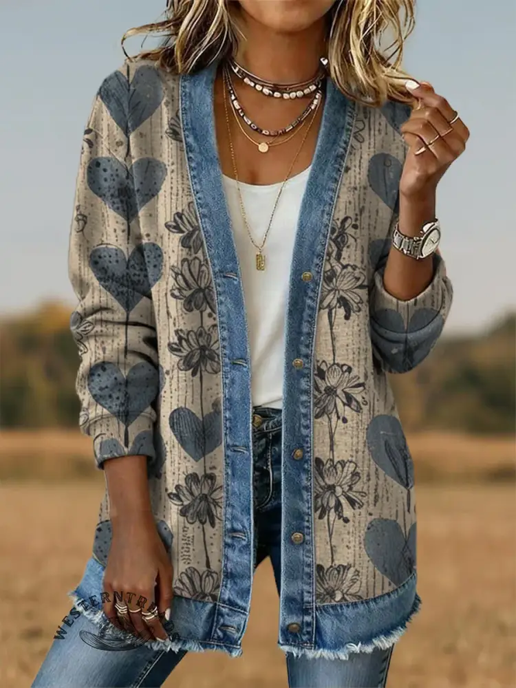 Retro Hearts And Flowers Art Print Casual Cotton Patchwork Denim Coat