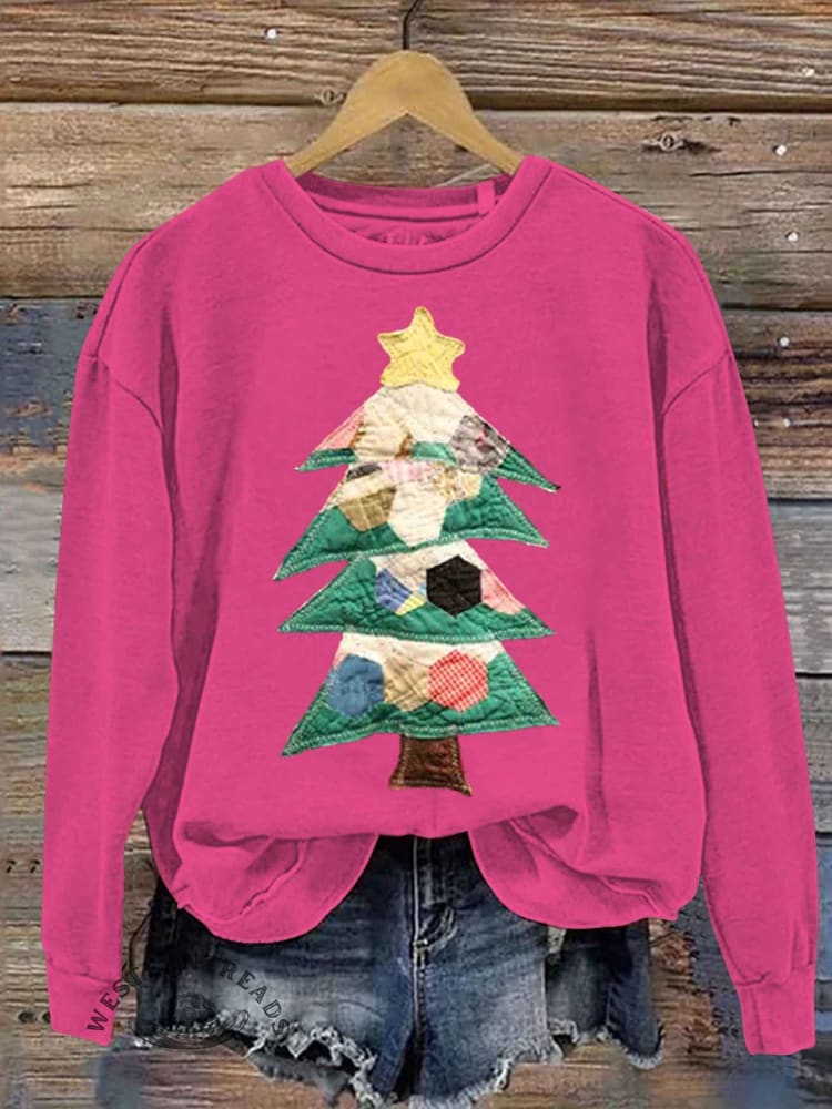 Retro Patchwork Christmas Tree Print Sweatshirt - Image 3