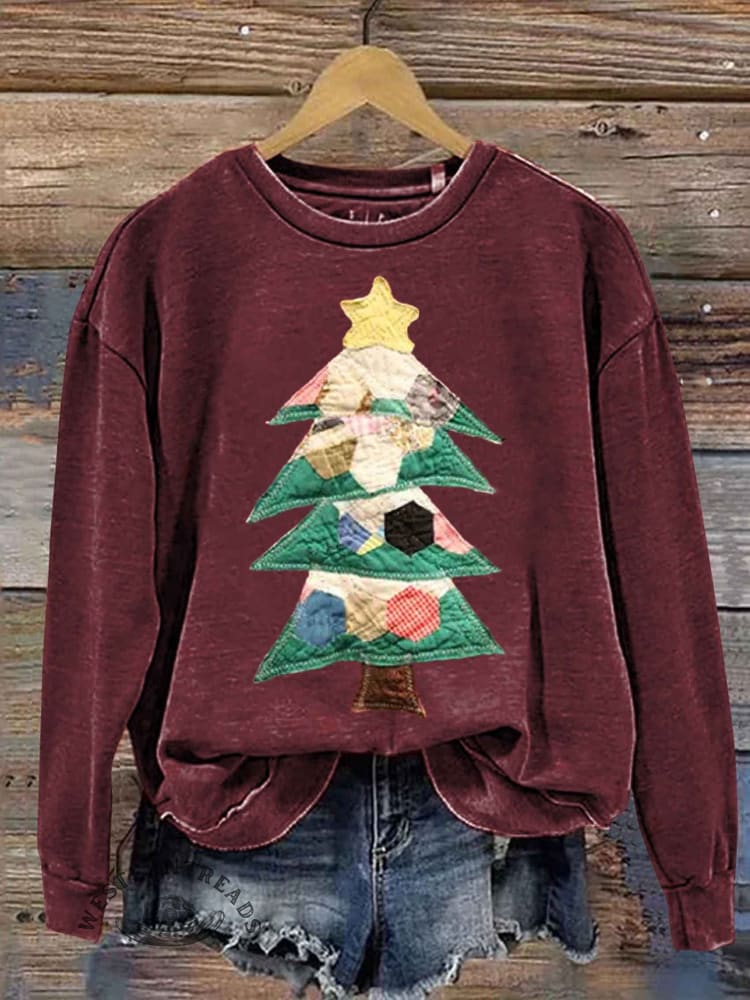 Retro Patchwork Christmas Tree Print Sweatshirt - Image 5