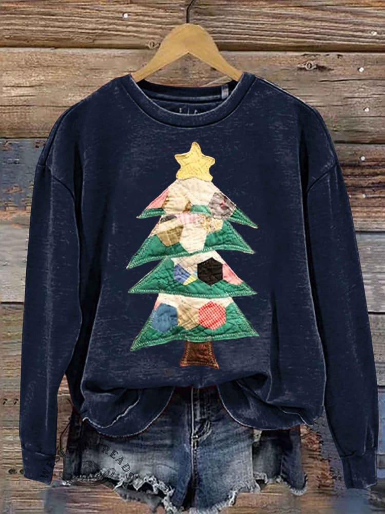 Retro Patchwork Christmas Tree Print Sweatshirt - Image 6