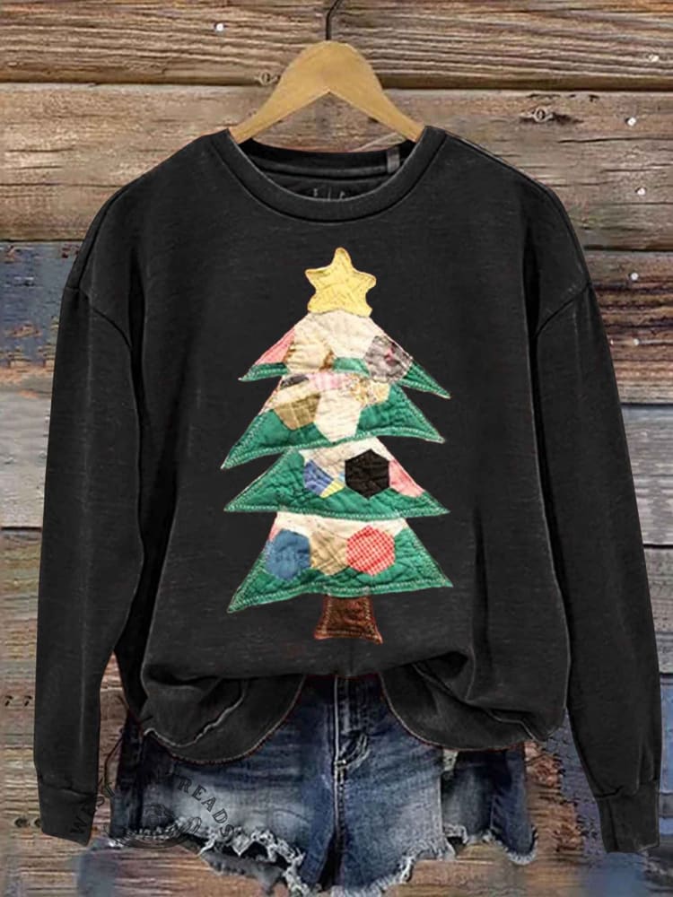 Retro Patchwork Christmas Tree Print Sweatshirt - Image 7
