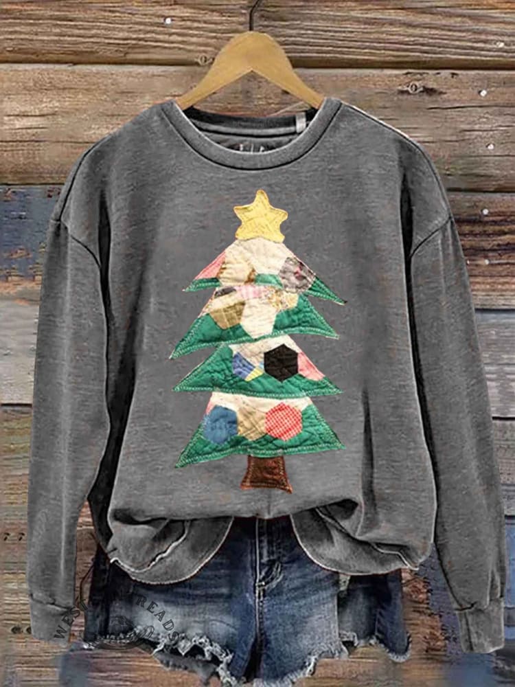 Retro Patchwork Christmas Tree Print Sweatshirt - Image 8