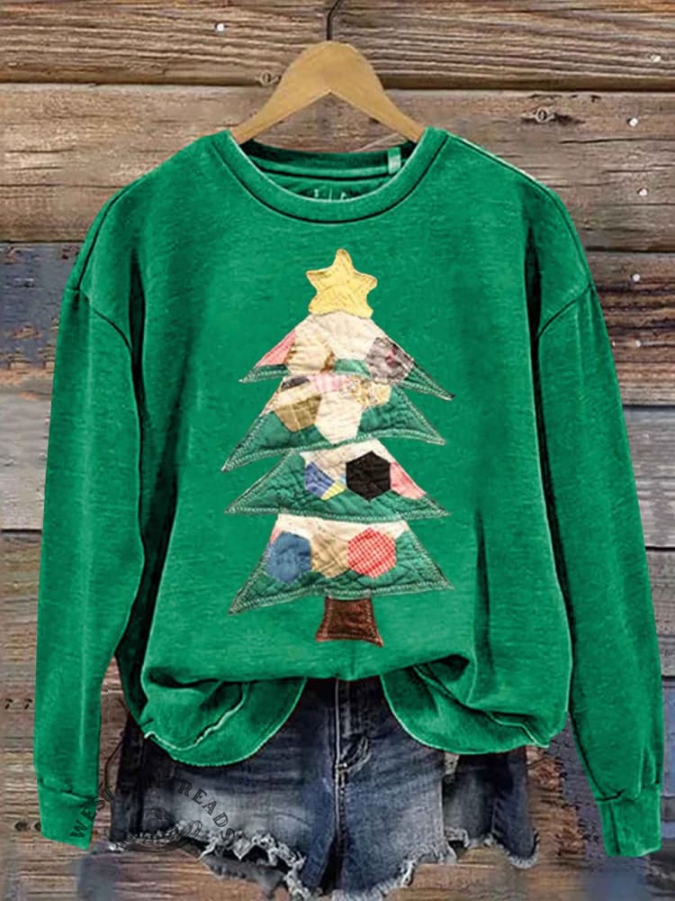 Retro Patchwork Christmas Tree Print Sweatshirt - Image 9
