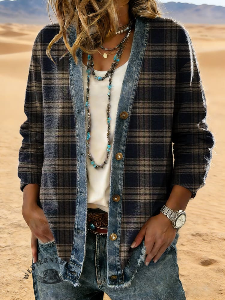 Retro Plaid Art Art Print Casual Cotton Patchwork Denim Coat