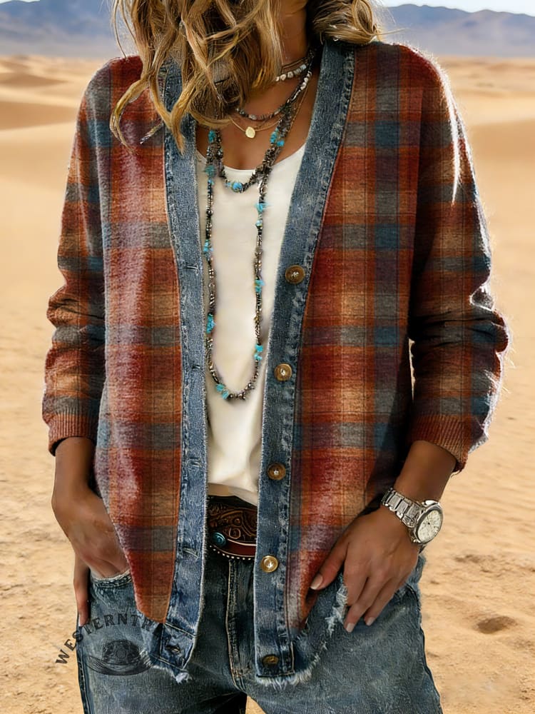 Retro Plaid Art Print Casual Cotton Patchwork Denim Coat