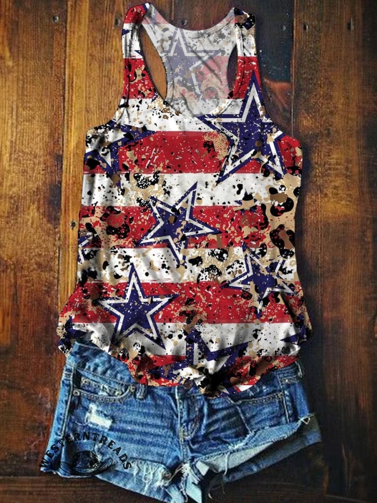 Retro Star Stripe Pattern Printed Casual T-shirt - Image 6