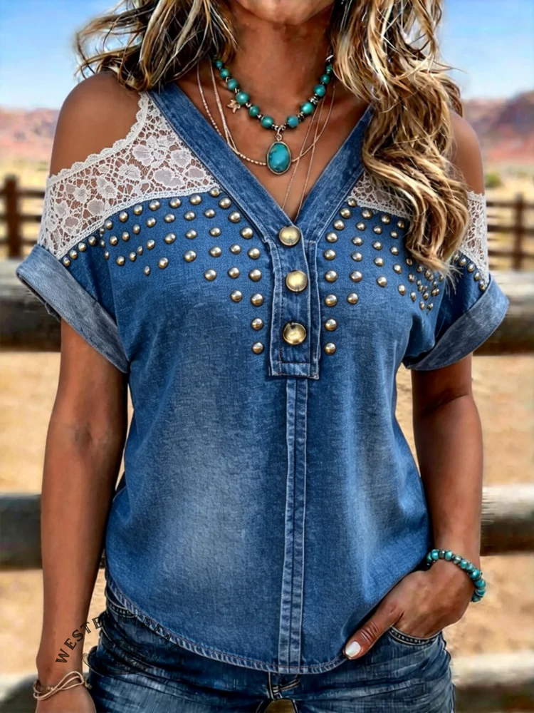 Retro Style Denim Button Down Flared Lace Short Sleeved Shirt