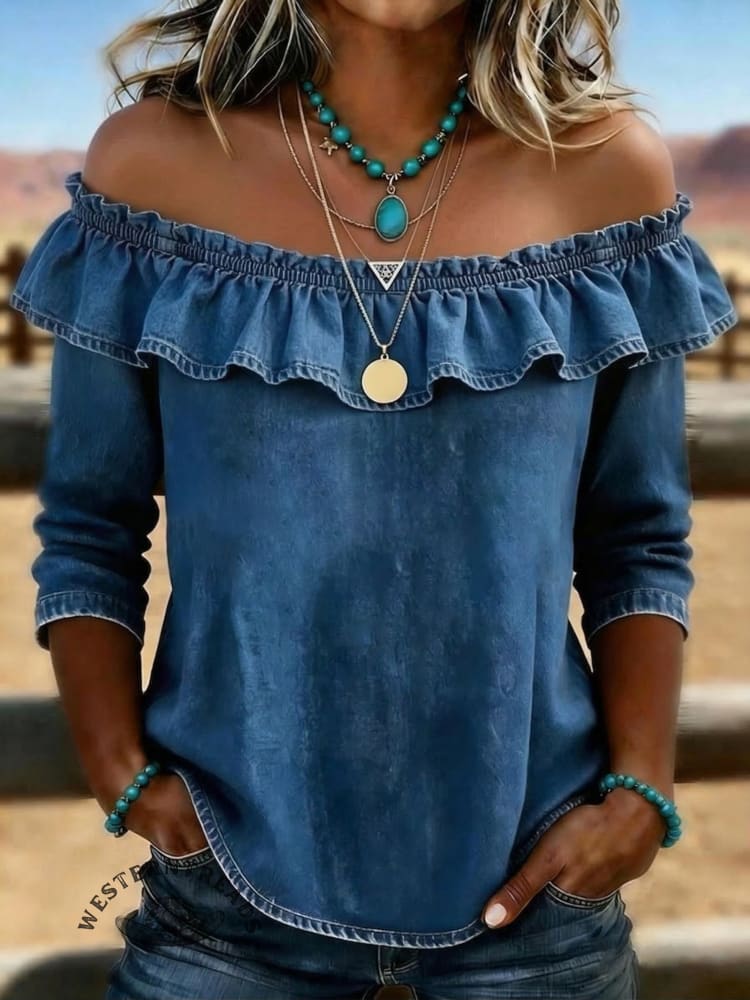 Retro Style Denim Off Shoulder Long Sleeved Shirt