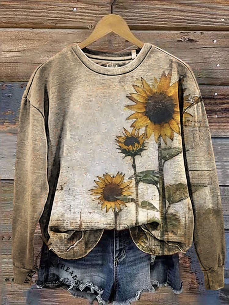 Retro Sunflower Pattern Print T-shirt - Image 3